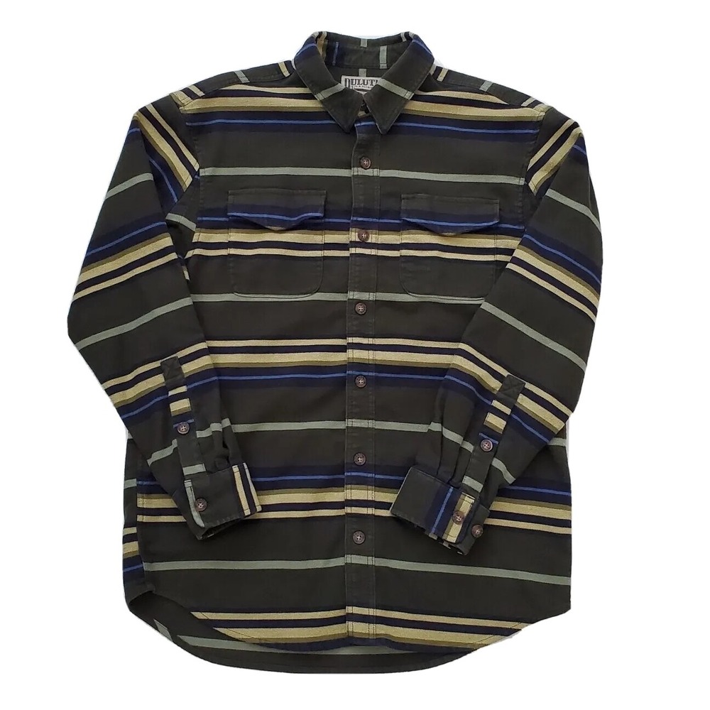Duluth Trading Mens Medium Green Striped Button Down Work Shirt Gorpcore Rugged